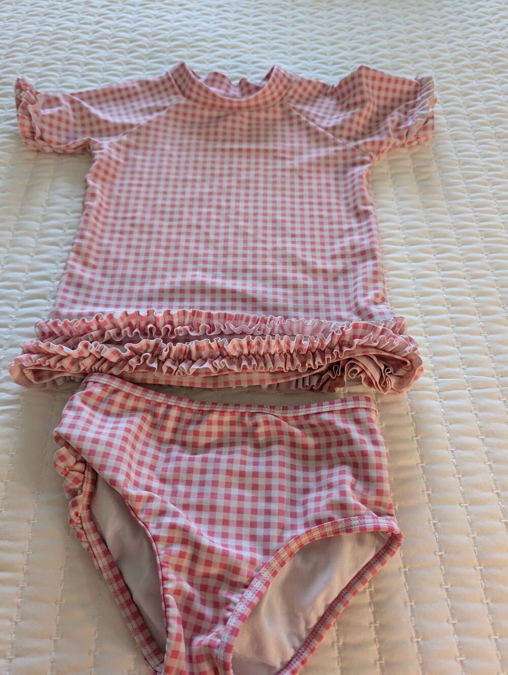 Ruffle Butts Girls Pink Gingham Ruffle Rash Guard Set -